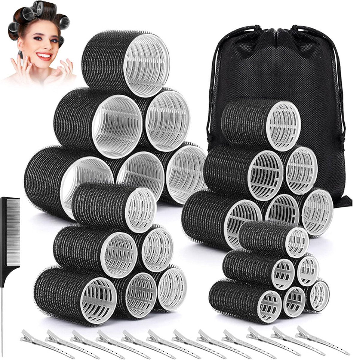 Curlers - 38 Pieces - 4 Sizes - Heatless Curls - Hair Rollers - Hair Curler - Adhesive Rollers - Hair Rollers - Curlers - Heatless Curls - Hair Curler - With Comb, 12 Hair Clips And Storage Bag - Various Curling Effects - Black