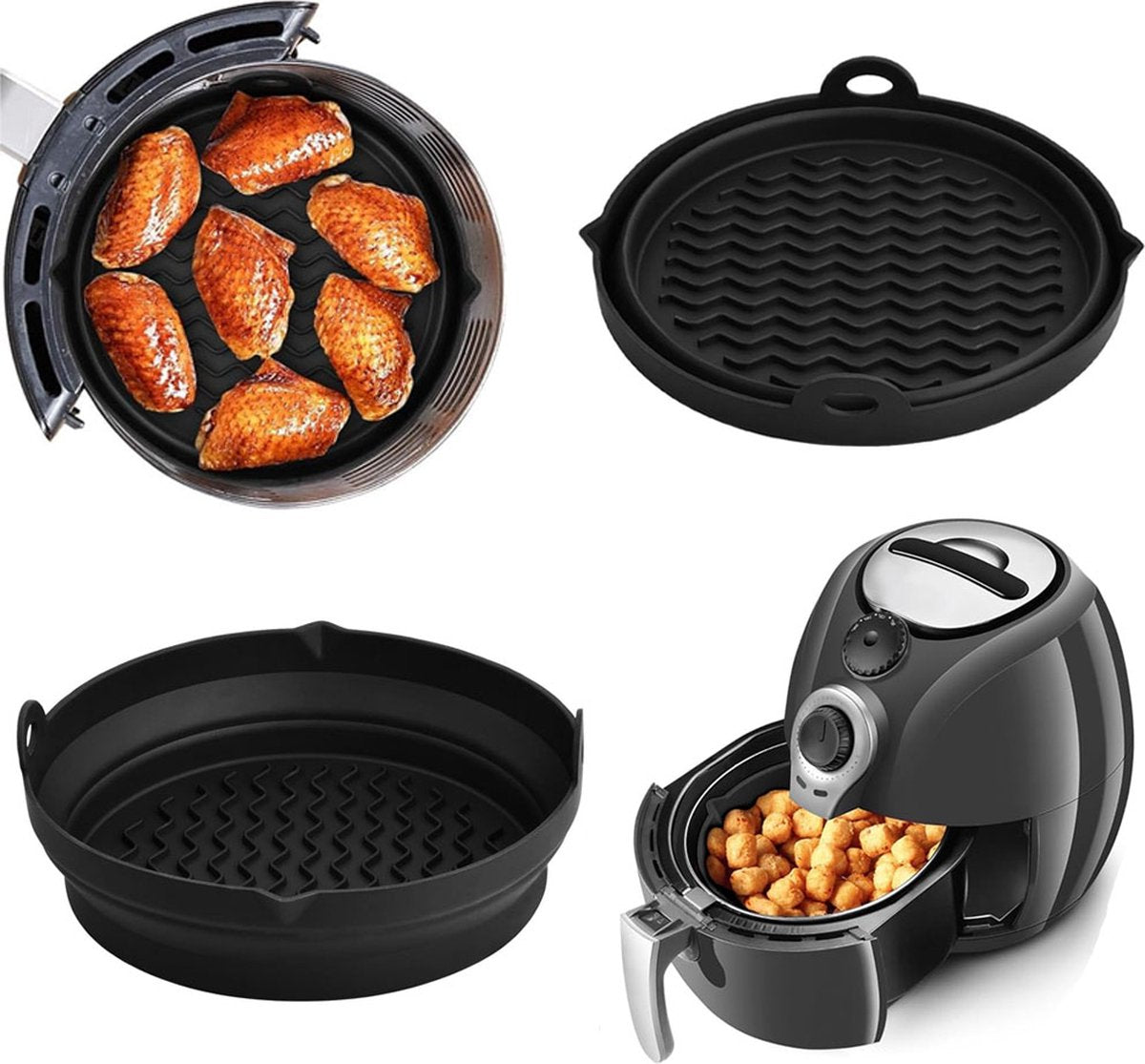 Airfryer Silicone Containers - 2 Pieces - Airfryer Accessories - Airfryer Basket - Reusable Drip Tray - BPA Free - Foldable - Baking Paper Alternative - Basket Baking Pan - Air Fryer - Disposable Container Alternative - Dishwasher Safe - Black