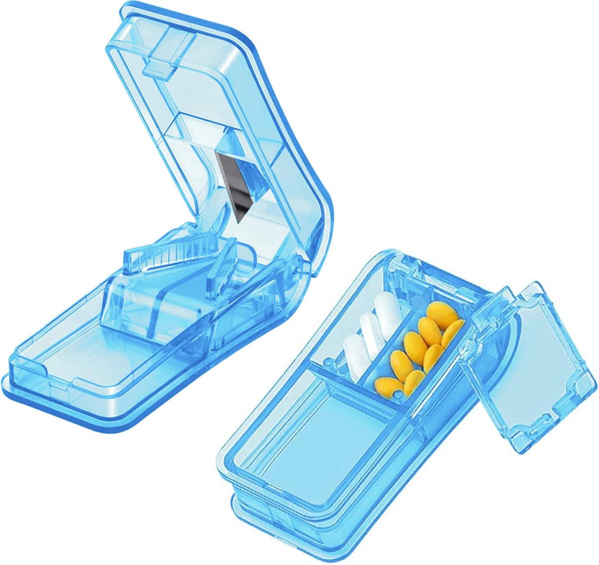 Pill Cutter - 2-Piece Pill Splitter - Tablet Splitter - Medicine Cutter - Pill Cutter - BPA-Free - Pill Storage Box - Pill Box with Sharp Blade - Suitable for Hard Pills - Small and Large Pills - Portable Cutting Mechanism - Blue