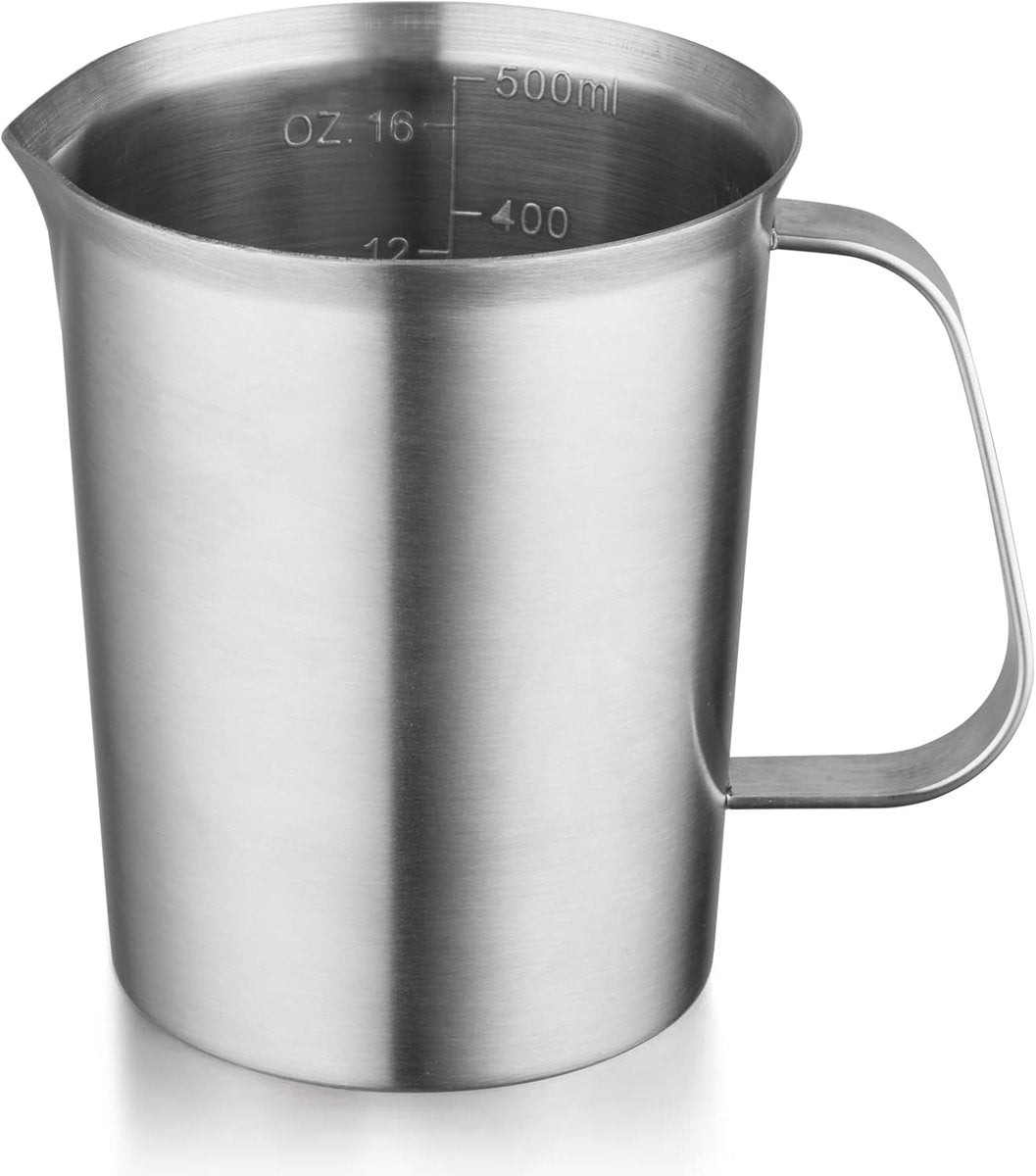 Measuring Cup with Pouring Spout - Measuring Cups with Scale - 500 ML - Small Measuring Cups - Measuring Cups - Measuring Beaker - Cups - Measuring Jug - Measuring Cup - 304 Stainless Steel - 9 x 9.5 x 11 Cm (L x W x H) - Silver - For Precise Weighing and