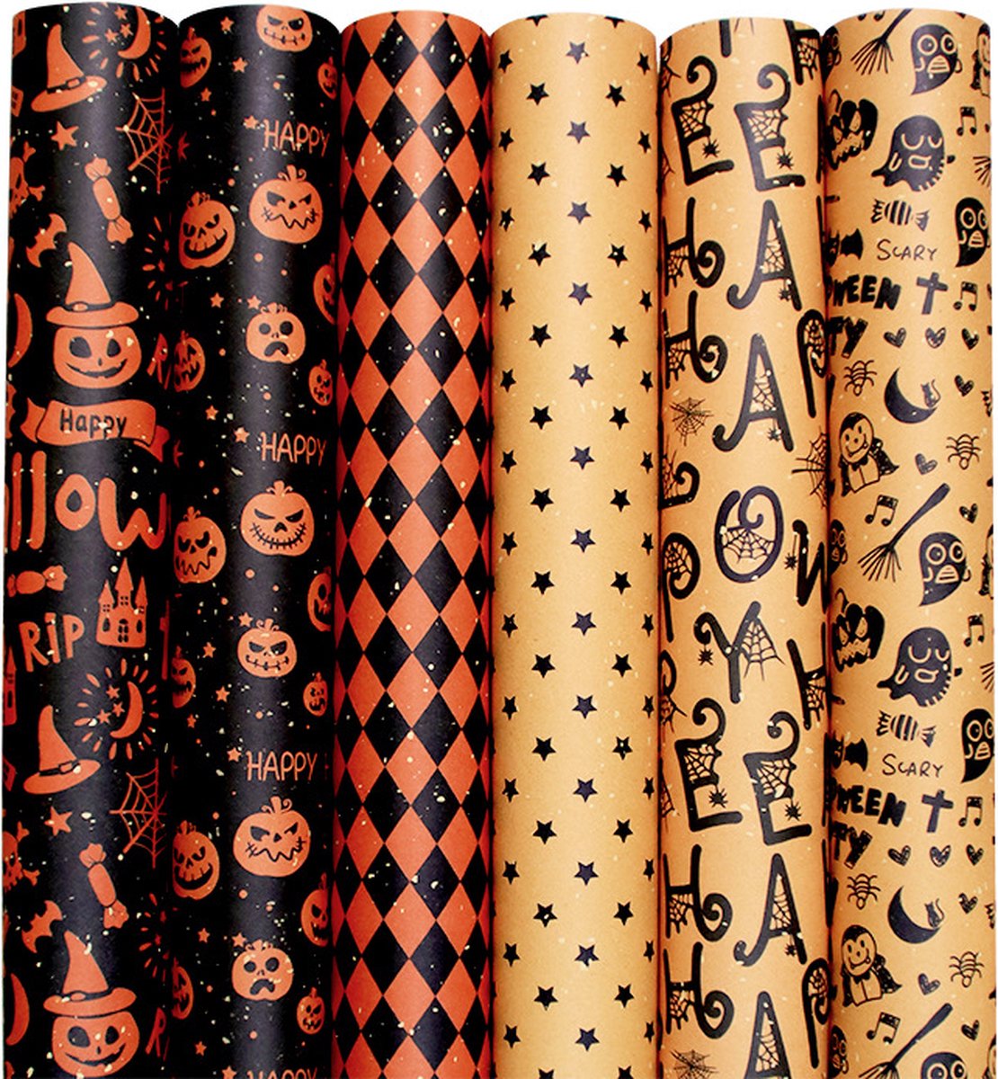 Wrapping Paper 6 Rolls - Gift Paper - Sustainable - Eco-friendly & Plastic-free - Tear-resistant - 50x70cm - Birthday - Decorations - Gift Paper - Party Assortment - Various Designs - Halloween - Pumpkin/ Bat/ Witch's Hat/ Star