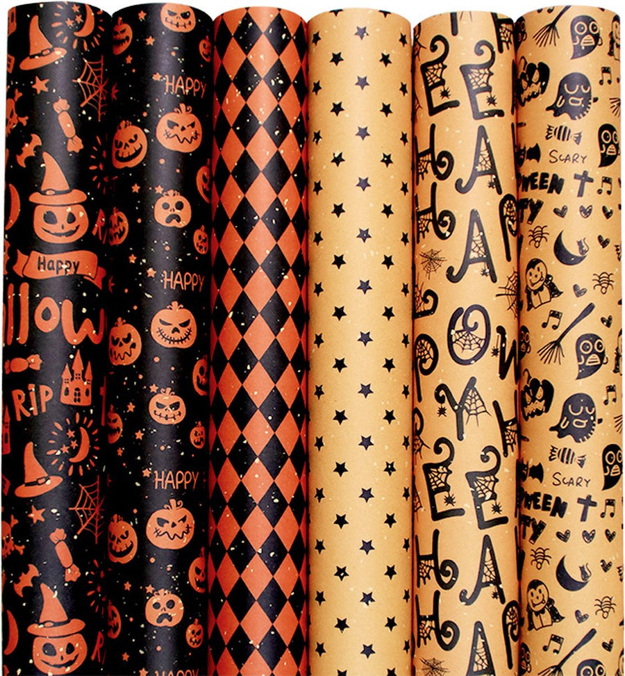 Wrapping Paper 6 Rolls - Gift Paper - Sustainable - Eco-friendly & Plastic-free - Tear-resistant - 50x70cm - Birthday - Decorations - Gift Paper - Party Assortment - Various Designs - Halloween - Pumpkin/ Bat/ Witch's Hat/ Star