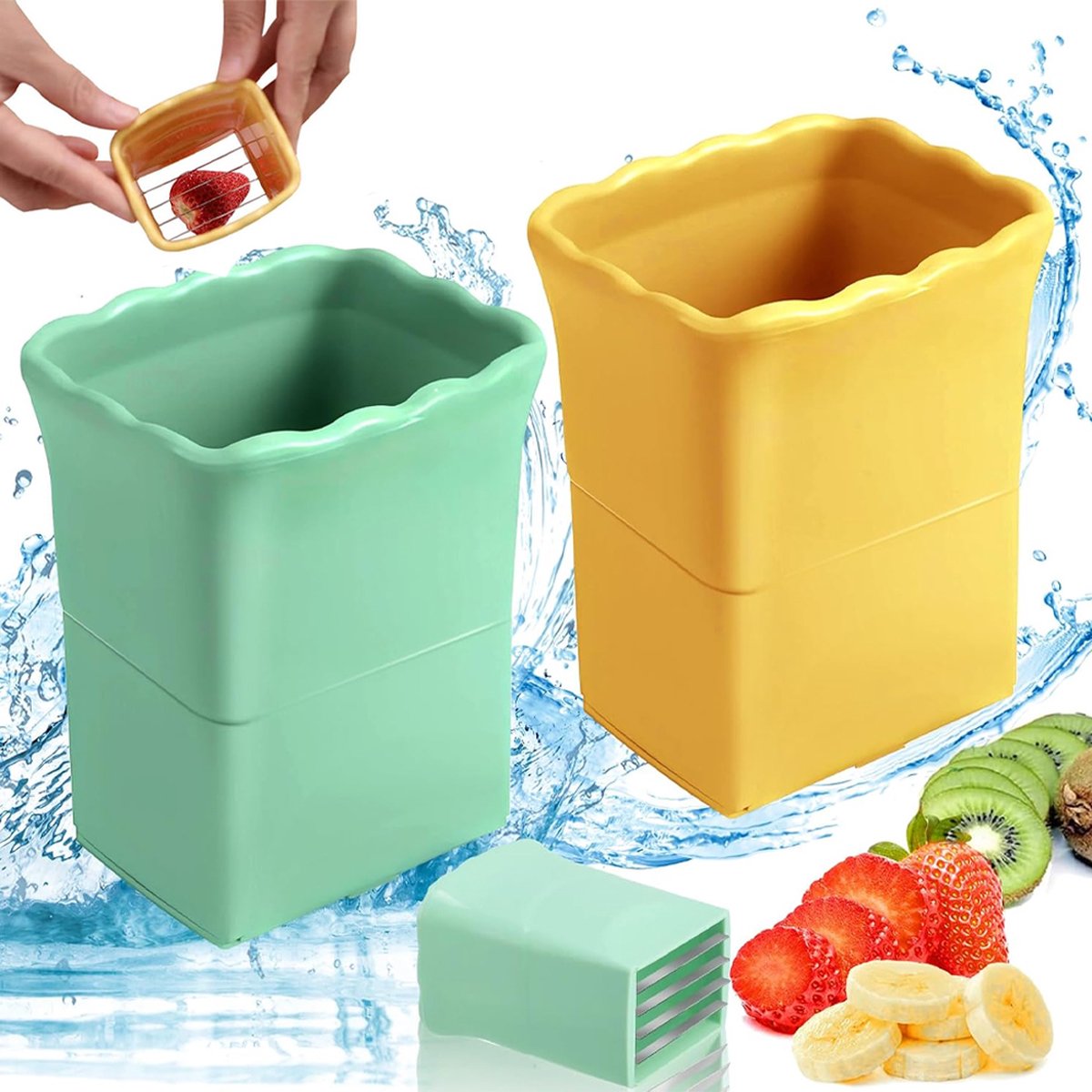 Fruit Knives - 2 Pieces - Fruit Slicer - Strawberry Slicer - Banana Slicer - Kitchen Gadget - Kitchen Accessories - Portable - Multifunctional - Ergonomic - Sharp - For Egg/Mushroom/Kiwis/Tomato/Lemon/Strawberry/Bananas - Yellow and Green