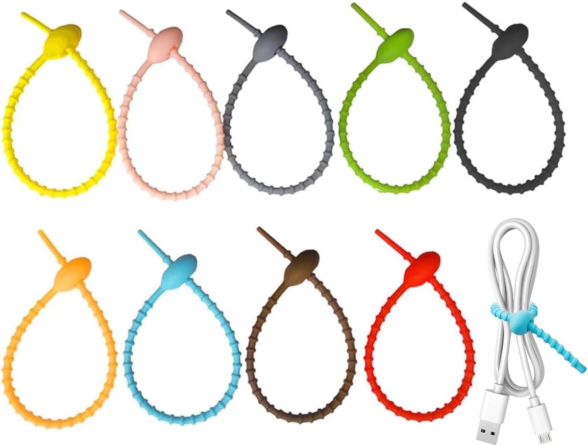 Cable Ties - 9 Pieces - Tie Wraps - Cable Organizer - Cable Management - Cable Organizer - Ties - Reusable - 12x210mm - Colorful - Silicone - For Food Bags, Cables - For Indoor and Outdoor Use