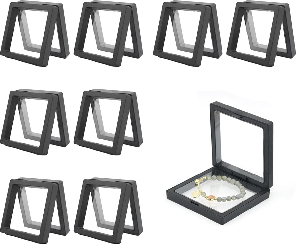 Jewelry Box - 8 Pieces - Jewel Box - Jewelry Boxes - Jewelry Holder - Small Jewelry Case - Travel Size - Transparent PE Floating Display Case - Jewelry Storage Box - 9x9cm - For Rings/Necklaces/Bracelets/Earrings/Coins/Jewelry/Watches - Black