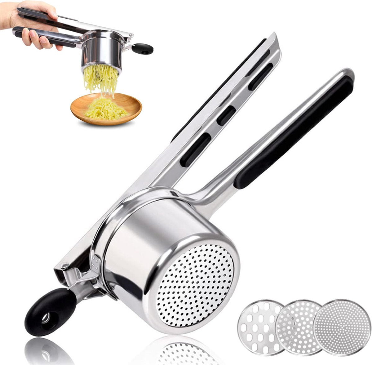 Stainless Steel Potato Press - Potato Squeezer - Potato Masher - Includes 3 Different Texture Discs - Can Be Hanged - Making Potato Puree - Puree - Dishwasher Safe - Gift