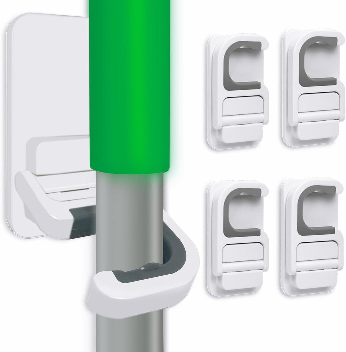 Broom Hanging System - 4 Pieces - Broom Holder - Broom Holder System - Mop Holder - No Drilling Required - Self-Adhesive Mop Holder - Tool Holder - Wall Mounting - Bathroom Accessories - Kitchen Storage Rack - Garden Tools - For Mop and Broom - White