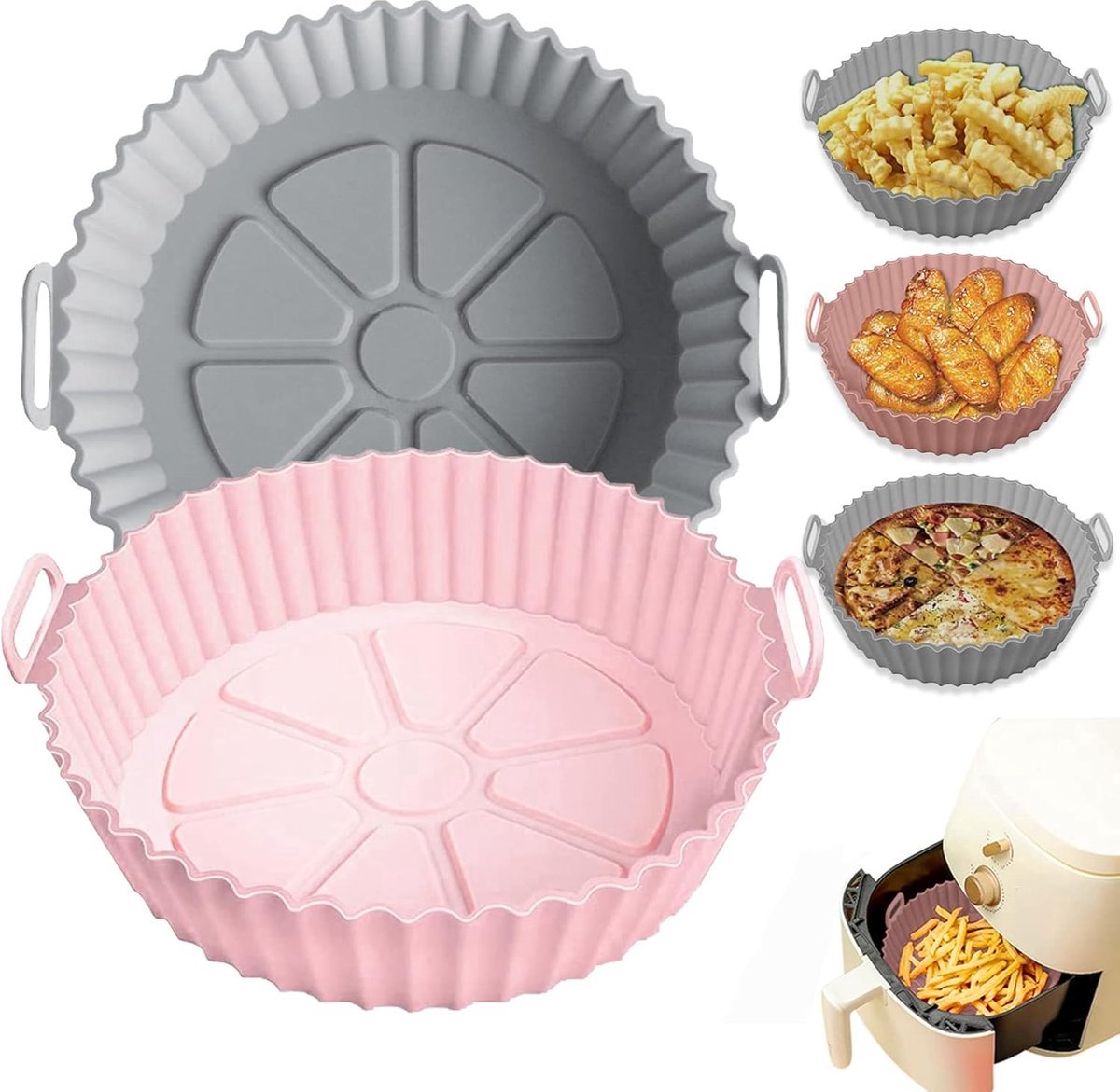 2 Airfryer Silicone Trays - Airfryer Accessories - BPA Free - 20cm - Airfryer Basket - Reusable - Baking Paper Alternative - Airfryer Liner - Round - Airfryer Silicone Baking Paper - Baking Mold - Sustainable - Non-Stick - Dishwasher Safe - Grey/Pink