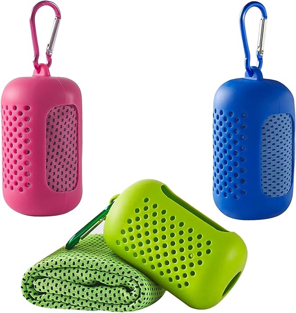 Three-pack cooling towels - Cooling microfiber - Polyester - Sports towel - Cooling towel - Fast-drying and sweat-wicking - Includes a portable silicone sleeve - Suitable for fitness, outdoor activities, and sports - Unisex