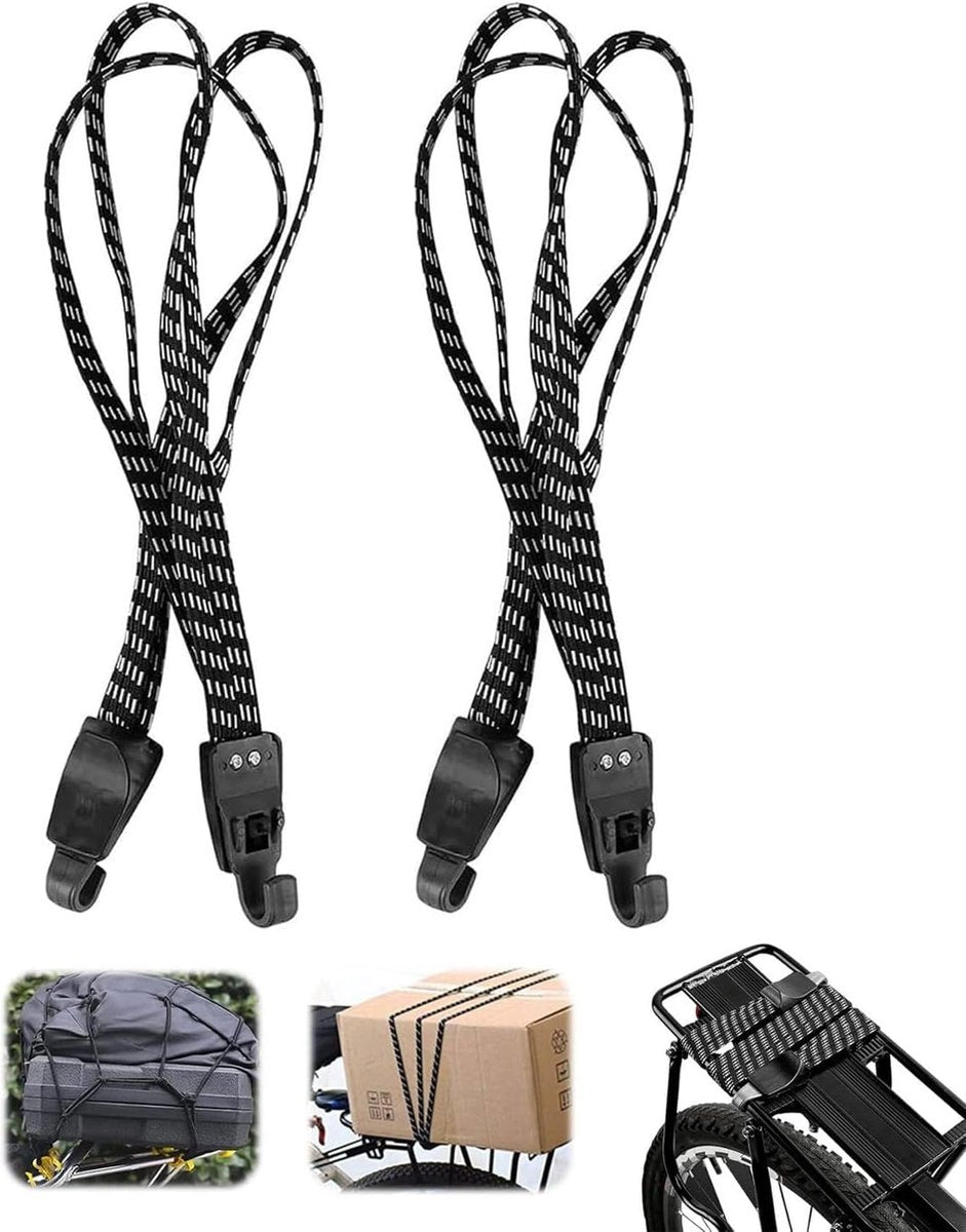 Elastic Straps - 2 Pieces - Flat Quick Straps - Universal - Adjustable Luggage Straps - Flat Rubber Ropes - Elastic Band - Transport Secure - For Bicycle Car Elastic - 65 Cm - Quick Straps With Double Hook - Black