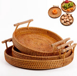 Fruit Basket - Set of 3 - Round Fruit Bowl - Bread Baskets - Storage Basket - With Handle - Rattan Basket - Handles - Decorative Trays - Serving Tray - Home Accessories - For Serving Dishes, Crackers, Pastries, Snacks