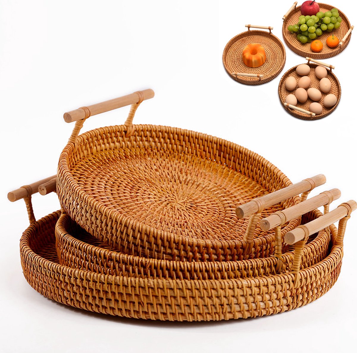 Fruit Basket - Set of 3 - Round Fruit Bowl - Bread Baskets - Storage Basket - With Handle - Rattan Basket - Handles - Decorative Trays - Serving Tray - Home Accessories - For Serving Dishes, Crackers, Pastries, Snacks