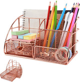 Pen Tray - 5 Compartments and Drawer - Desk Organizer - Rose Gold - Pen Holder - Desk Organizer - Durable - Non-Fading - Metal - Pen Trays - Mesh - Fashion - Multifunctional Storage System - Neatness & Classification - Save Space