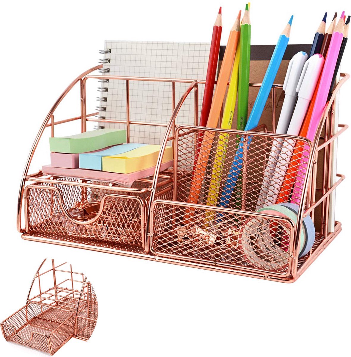 Pen Tray - 5 Compartments and Drawer - Desk Organizer - Rose Gold - Pen Holder - Desk Organizer - Durable - Non-Fading - Metal - Pen Trays - Mesh - Fashion - Multifunctional Storage System - Neatness & Classification - Save Space