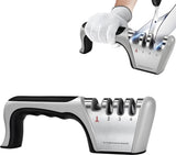 4-in-1 Knife Sharpener - Stainless Steel - Anti-Slip Knife Sharpener - Pull-through Sharpener - 4 Settings - With Anti-Slip Base - Sharpening Steel for Knives - Scissor Sharpener - Sharpening - For Polishing Knives, Scissors, and Other Knives