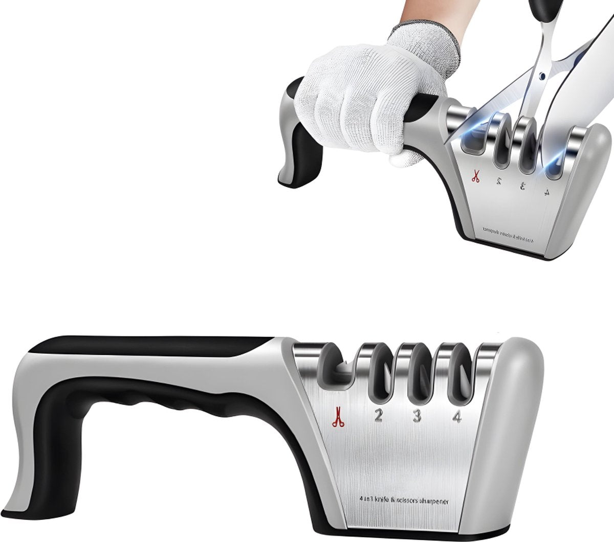 4-in-1 Knife Sharpener - Stainless Steel - Anti-Slip Knife Sharpener - Pull-through Sharpener - 4 Settings - With Anti-Slip Base - Sharpening Steel for Knives - Scissor Sharpener - Sharpening - For Polishing Knives, Scissors, and Other Knives