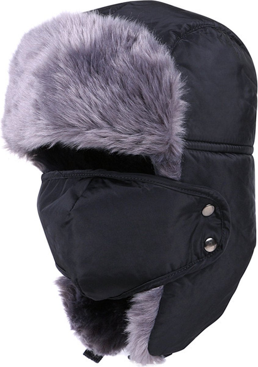 Winter Trapper Hat - Winter Hat Keeps Warm - Cotton Hat - Windproof Warm - For Snowboarding Skating Cycling - Soft Comfortable With Elastic - 3 In 1 - With Warm Ear Flap - Black - Size 55-60cm