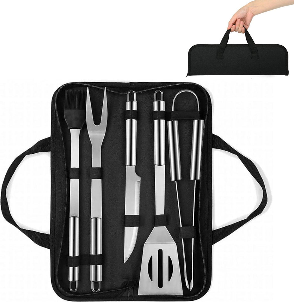 BBQ Accessories Set - 5-Piece BBQ Set - Stainless Steel Barbecue Tool Set - Barbecue Accessories - BBQ Tongs - BBQ Spatula - Meat Fork - Meat Knife - Brush - Professional - Includes Storage Bag