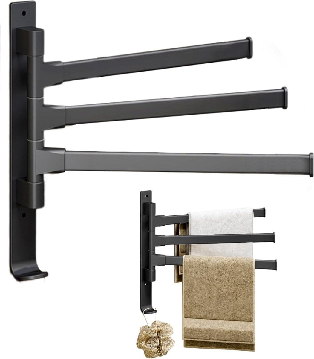 Towel Rack - 3-Arm Towel Holder - Towel Bar - Towel Rack - Towel Ladder - Towel Bar - 180 Degree Adjustable - For Bathroom/Kitchen - No Drilling Required - Self-Adhesive - Wall Drying Rack - Bathroom - Rotatable - Metal - Black