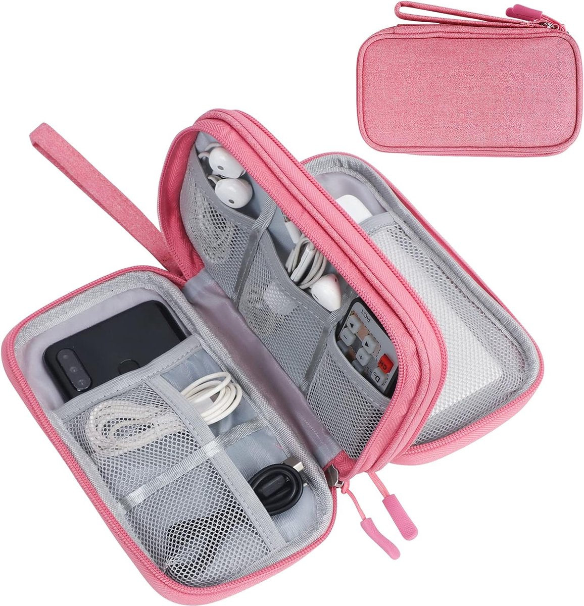 Cable Organizer Storage Bag 3 Layers - Cable Organizer Bag - Waterproof / Wear-Resistant - Cable Electronics Organizer - Cable Bag - Luxury Organizer For Cables And Accessories - Compact Cable Bag - Cable Organizer - Data Cable Organizer - Pink - Travel