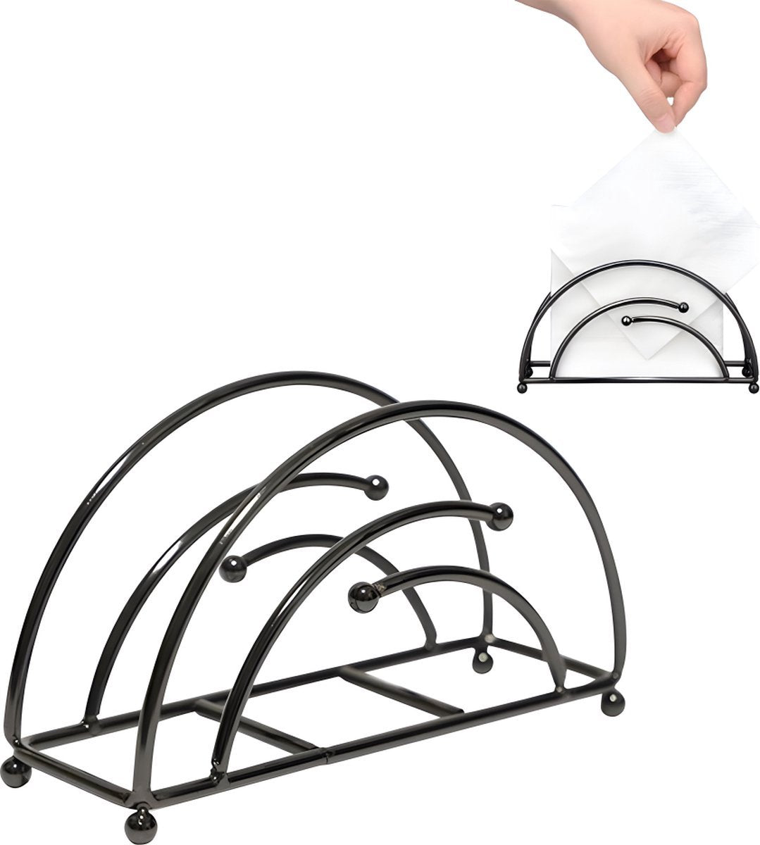 Napkin Holder - Napkin Holder - Vertical Napkin Holder - Metal - 17x5.5x9.5cm - Prevents Getting Wet - Half Circle - Napkin Accessories - Home Decor - Glossy Black - Suitable For Coffee Shops, Living Rooms, Hotels, Restaurants - Durable