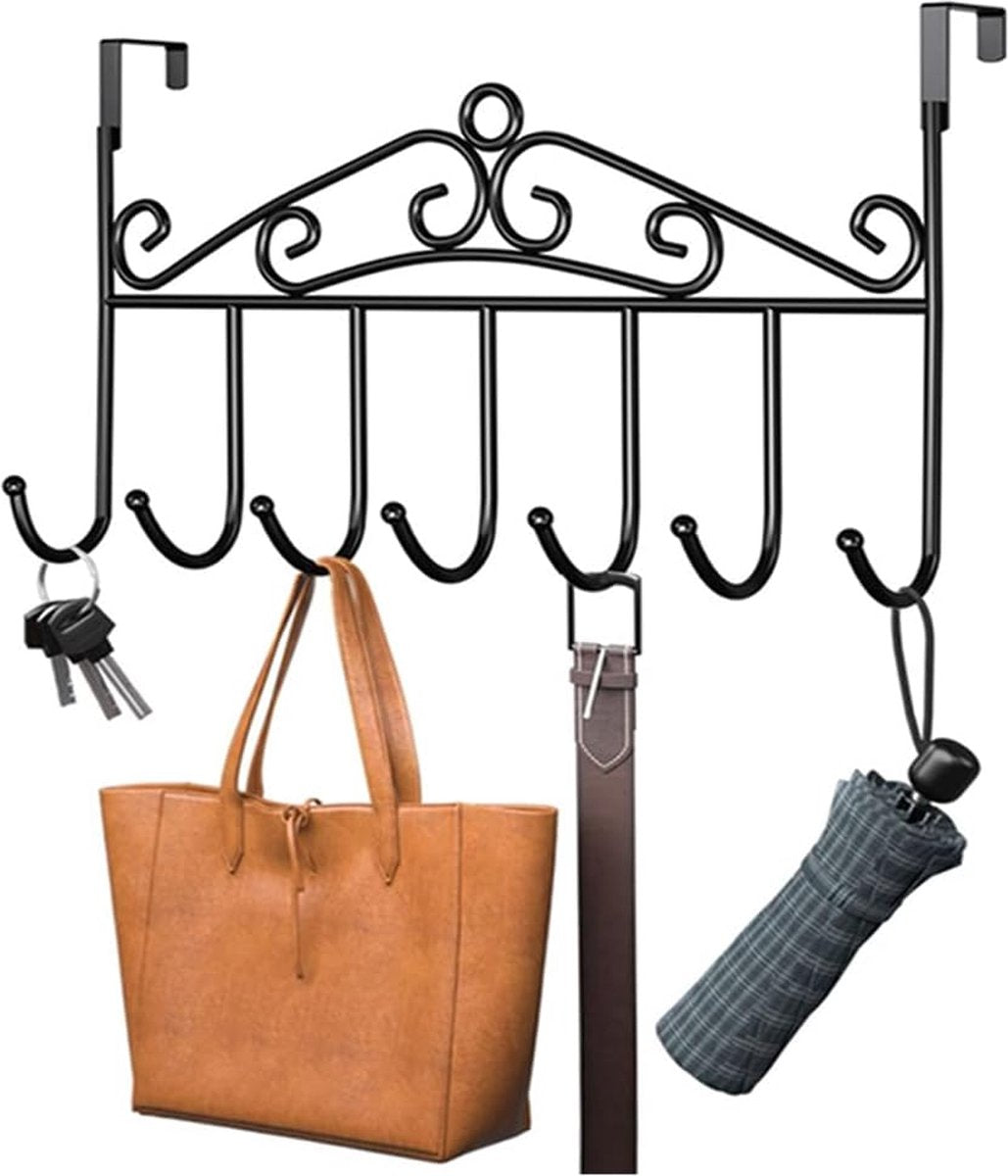 Door coat rack - Door clothes hooks - Towel holder - Wall coat rack - Door hook - Door hanger - Hanging door coat rack - Hanging hook - With 7 Hooks - Hook rail - Wardrobe - Bathroom door - For 4.8 cm thick doors - For towels and clothing - Metal - Black