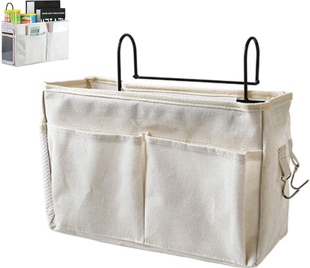Bedside Pocket - Bed Organizer With Frame - Bed Storage Bag - Cotton - Bed Storage Bag - Bedside Table - Bedside Organizer - Bedside Pocket Storage Bag - White - For Bed Or Sofa - Hanging Model - With Multiple Compartments And Hooks - Very Practical And D