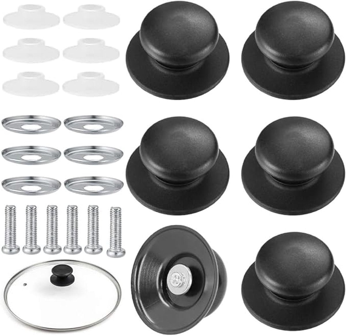 Handles for pot lids - Lid knobs - Replacement parts for cookware - Universal - Handles for pans - Screw-on accessories - Handles for pot lids - Suitable for pot lids and casseroles (black - 6-pack)