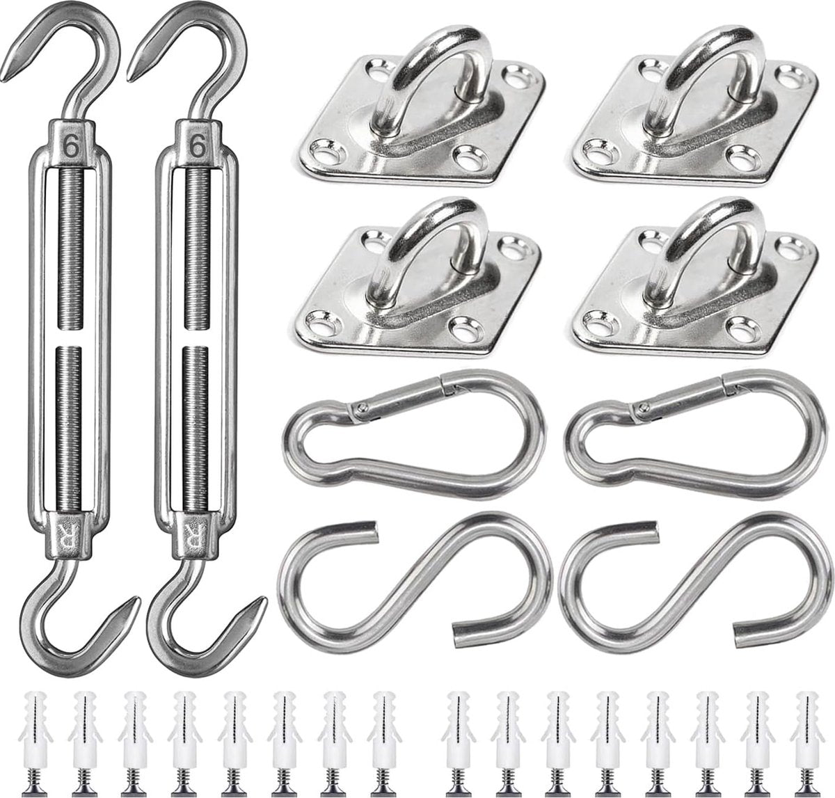 Shade Cloth Mounting Set - 42-Piece - Stainless Steel - Hardware Kit for Sun Sail - For Rectangular / Square Sun Shade Sails - Hammock Mounting Set - Shade Cloth Mounting Material