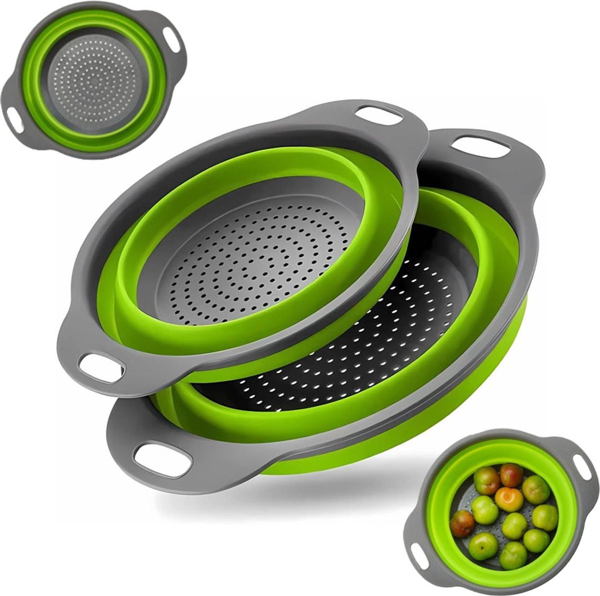 Foldable Colander Set of 2 Pieces - Collapsible Silicone Colander - 1 Large and 1 Small - BPA Free - Dishwasher Safe - Heat Resistant - Easy Storage - Can Be Hung - For Draining Pasta/Vegetables/Fruit - Green