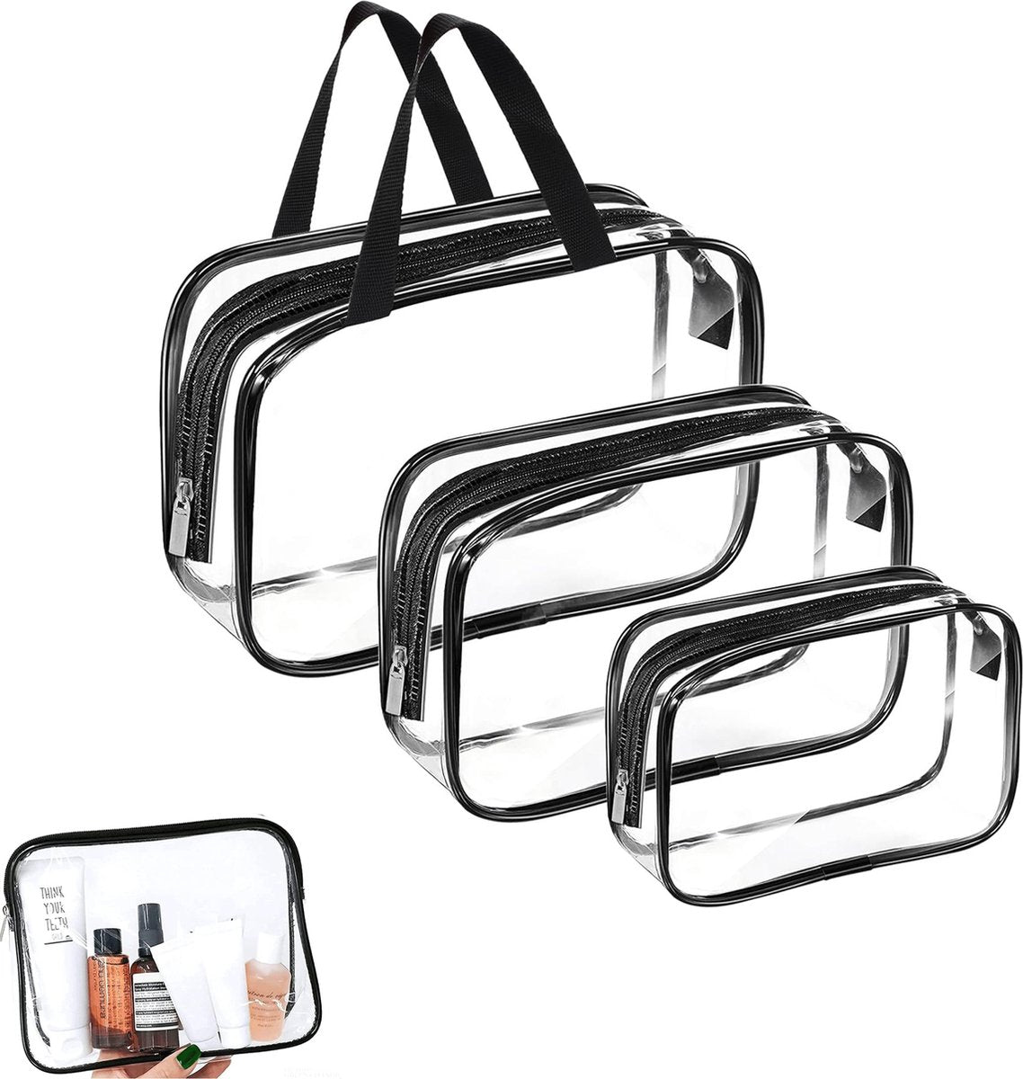 Toiletry Bag - Set of 3 - Transparent Toiletry Bag - Transparent Travel Set - Travel Toiletry Bag - Travel Bag - Make-Up Organizer - Cosmetic Bag Organizer - Make-Up Bag - Transparent Toiletry Bag - Waterproof - Hand - Hangable - Vacation - Travel - Women