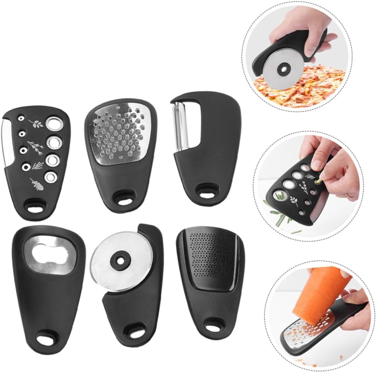 6-piece - kitchen tool set - Multifunctional kitchen tool - portable carabiner - fruit and vegetable peeler - cheese cutter - bottle opener - garlic press - ginger grinder - pizza cutter - cookware - cooking - baking