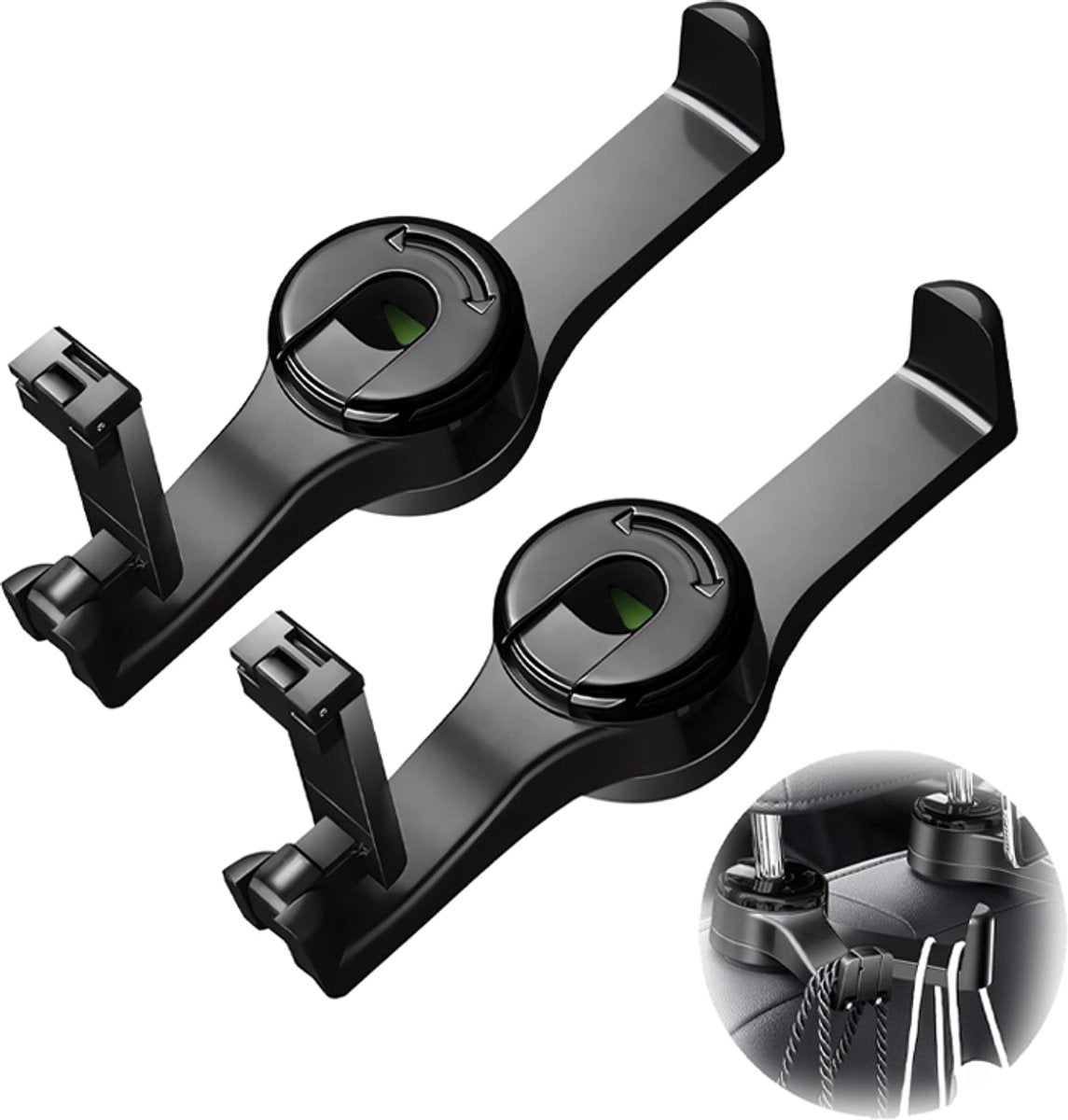 Car Seat Hooks - 2 Pieces - 2 In 1 Car Headrest Hooks - Multifunctional Car Seat Hook - 360° Rotation Front and Rear Seat Headrest Hook - Concealed Hook - Universal Car Hooks - Car Accessories - Black