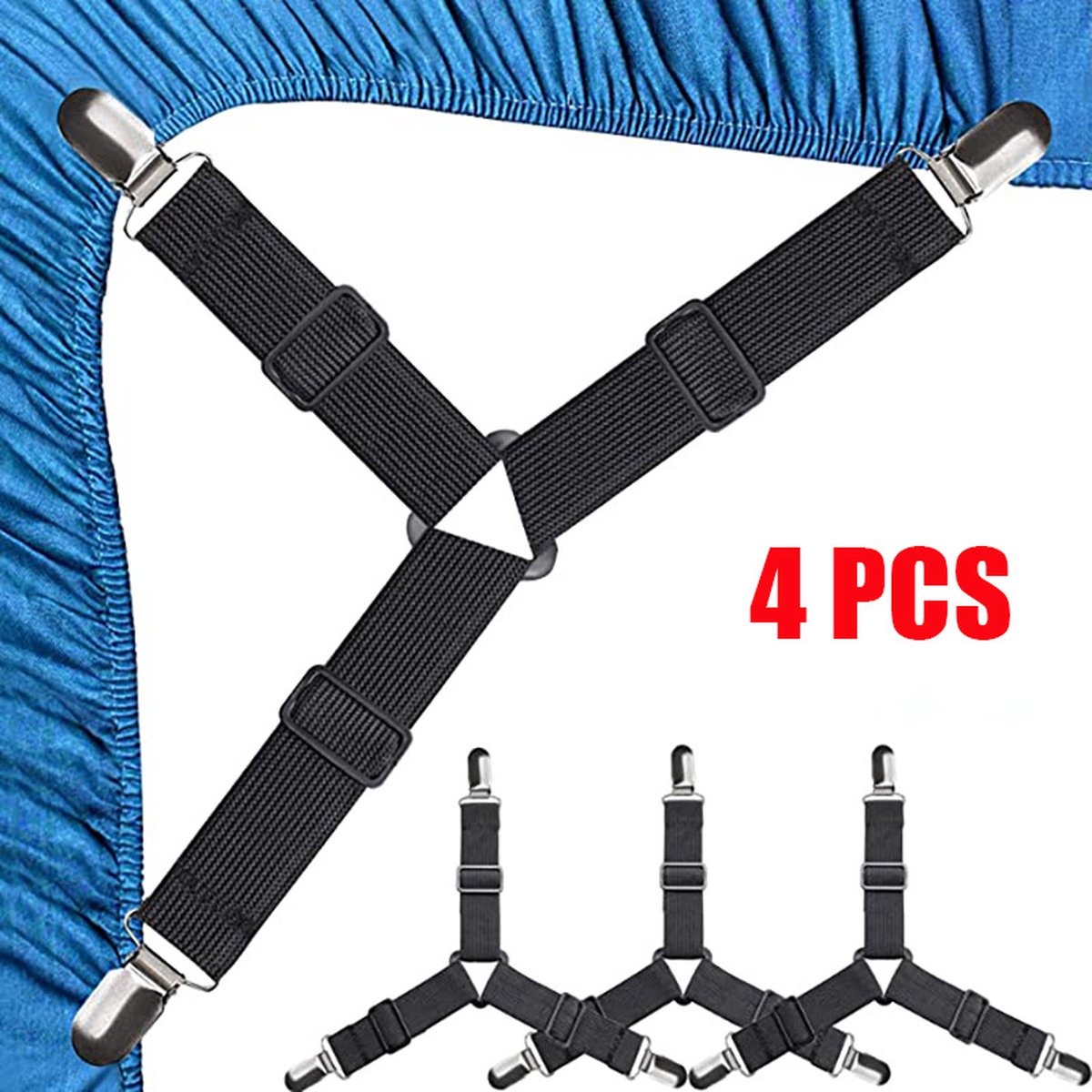 4x Sheet Tighteners - Sheet Fastening Straps - Duvet Clips - Sheet Locking Buckles - Sheet Holders - Duvet Clamps - Adjustable Sheet Tighteners - Elastic Sheet Clamps - For Sheets, Mattresses, Ironing Boards or Sofas - Sheet Tighteners With Metal Clips