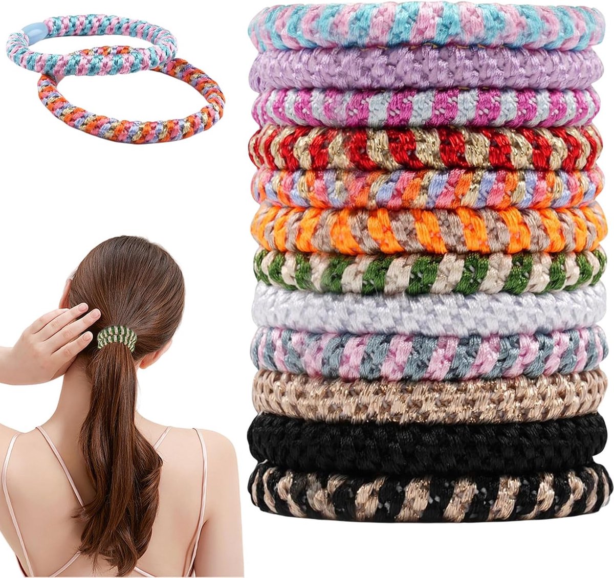 Allecto Plus - Pack of 12 elastic hair ties in various colors, suitable for different hairstyles