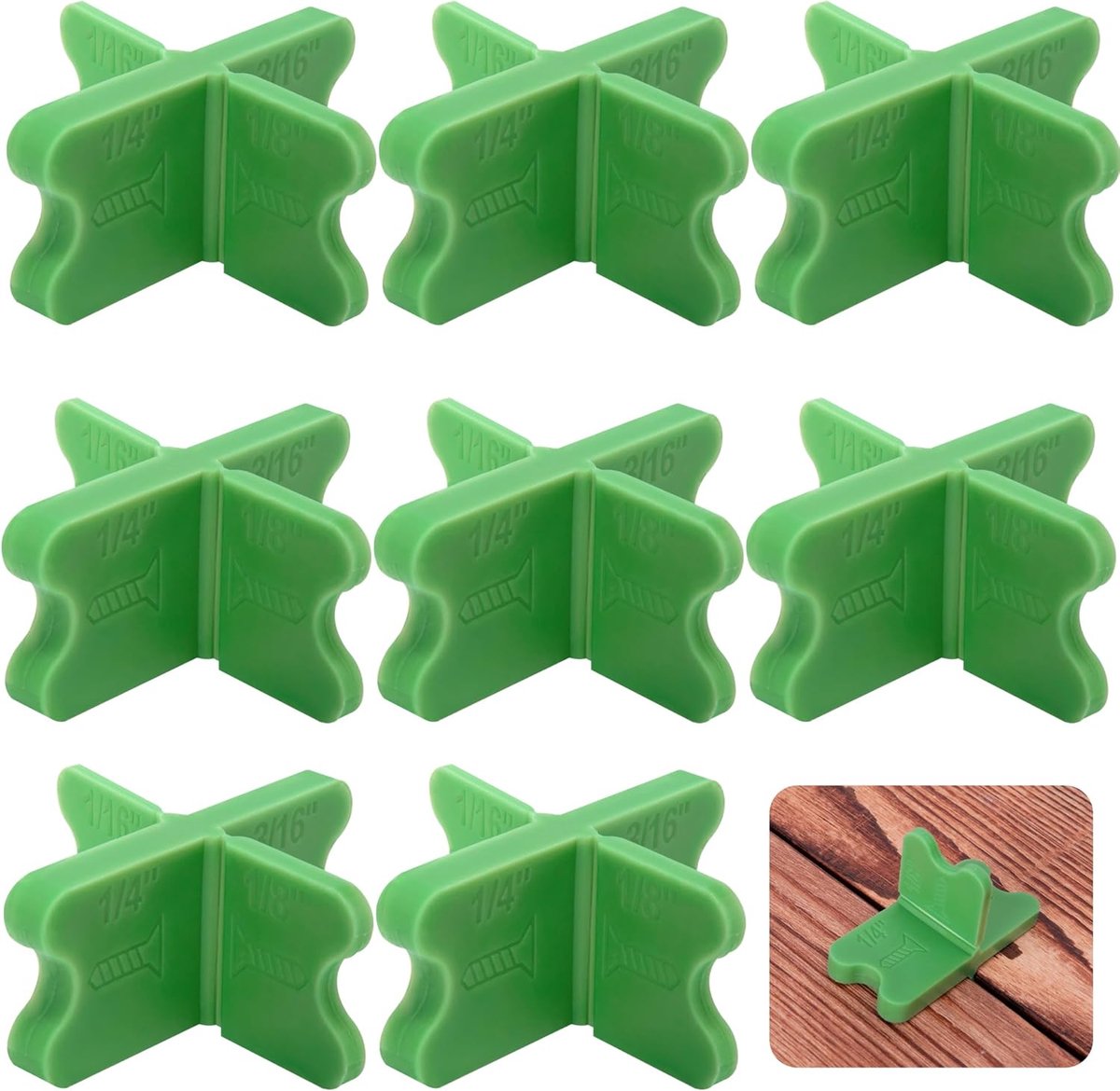 8 pieces - ABS deck spacers - 1/16", 1/8", 3/16", 1/4" - green deck spacers - for pressure-treated composite decks