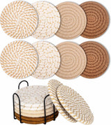 Set of 8 Round Coasters with Stand - Coaster Set - Thermal Insulation - Non-Slip Braided Cotton Coasters for Glasses - Coaster Set - Coasters with Holder - For Drinks, Bar, Cups, Table Coasters - D11 cm - Yellow