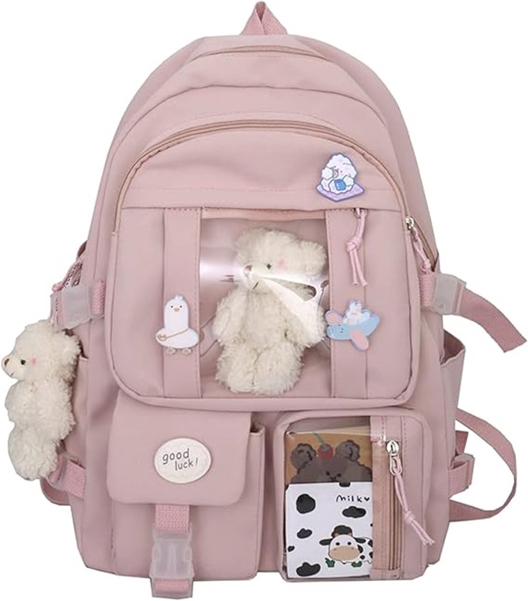 Waterproof backpack for girls - Girl's Backpack With Pin and Accessories - boys' backpack - women's backpack - Lightweight School Bag - School Student School Bag - Large Capacity Backpacks - Teenagers - High School Backpacks - Pink