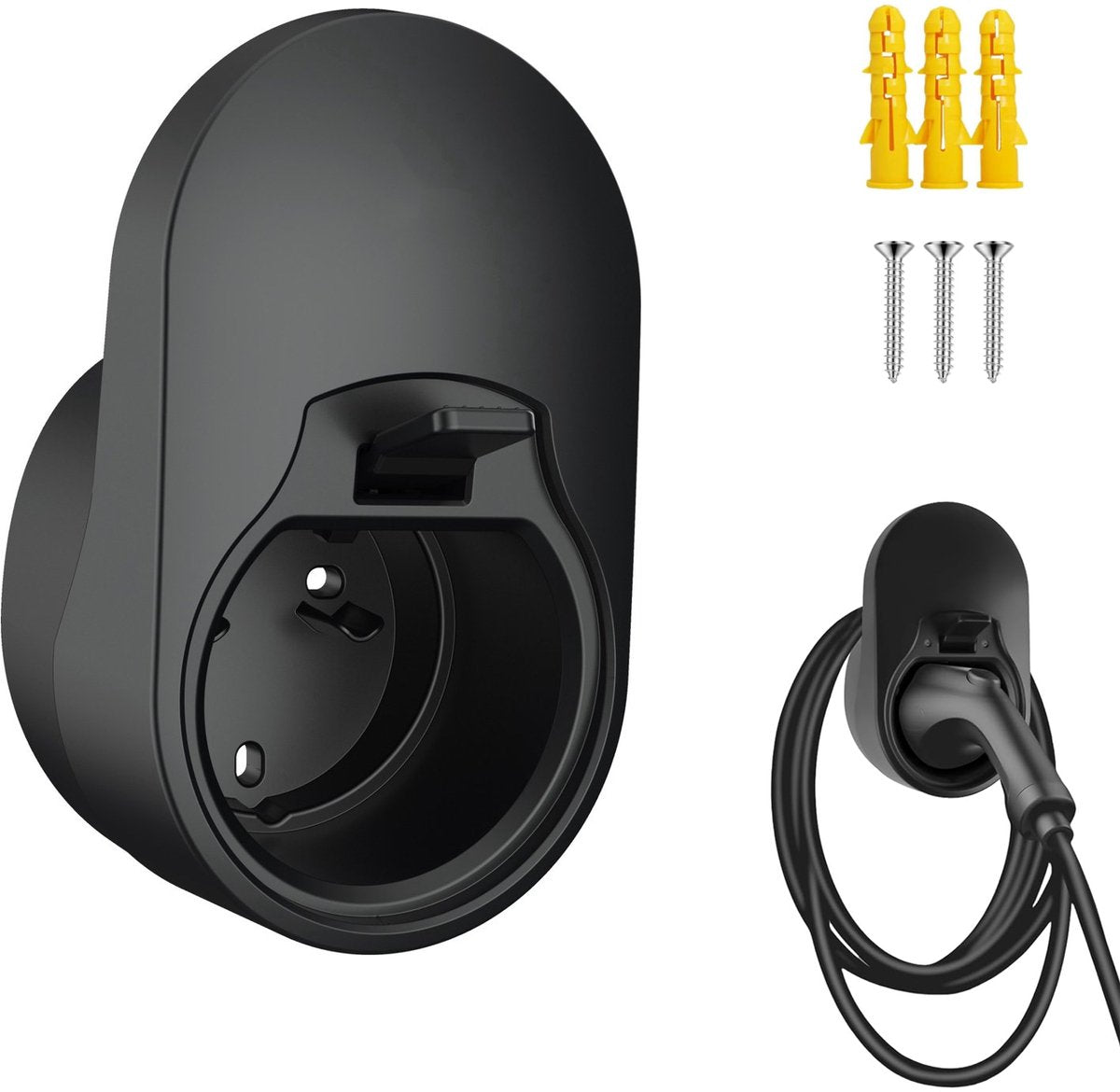 Charger Holder - Type 2 Charger - Wall Mount Cable Holder - Cable Organizer for Electric Cars - Bracket for Charging Electric Vehicles - Wall Charger Bracket for Electric Vehicles - Compatible with EU-compliant Charging Sockets - Black