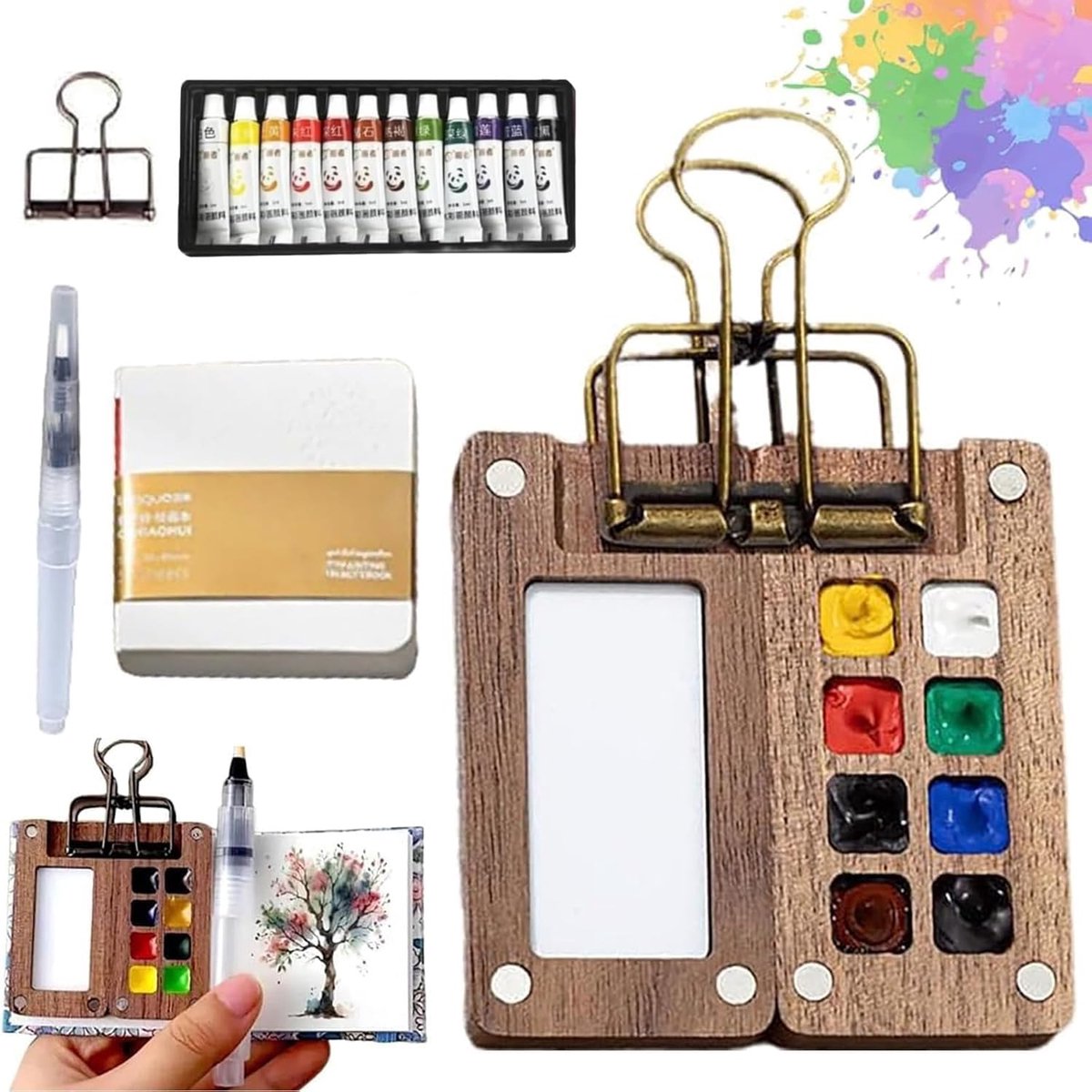 Mini Watercolor Paint Set for Travel - Portable Palette with 8 Grids - Pocket Watercolor Set - Pocket Travel Paint Tray Box - Portable Artist Palette Sets with Colors, Book, Binder Clips, Pens, Wooden Paint Box - for Painters, Artists, Students