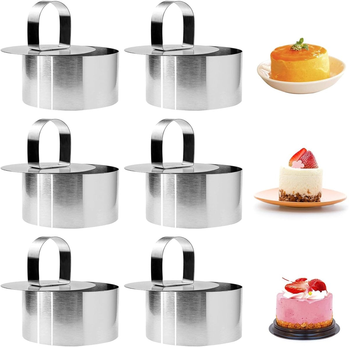 pieces - stainless steel - dessert rings - cake rings - with handle - molds - round dessert ring - for baking and cooking cakes, mousses, and desserts - 8*8*3.8 cm - silver