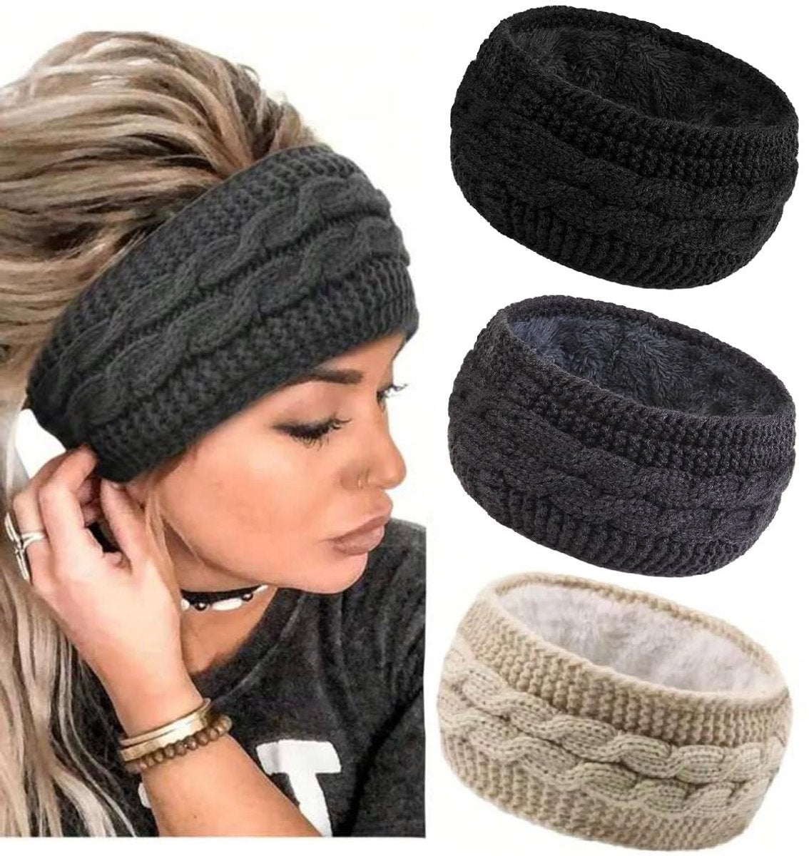 3 pieces - Headbands - Winter Headband for women - Ear warmers - Knitted Headbands - warm headbands - winter accessories - sports headband - cold weather headband - Christmas gifts - hair tie - hair accessories - black, grey, khaki