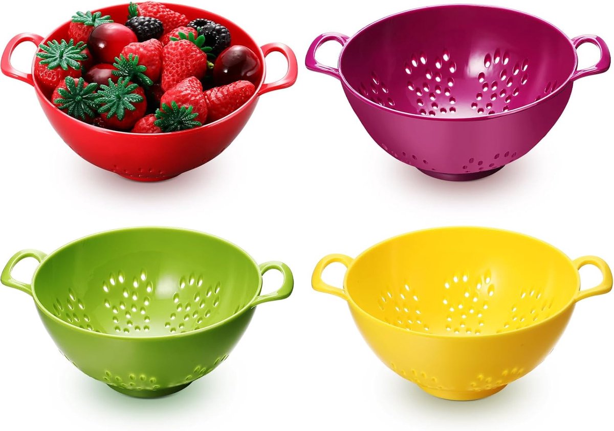 4 pieces - Vegetable laundry basket - Kitchen colander - plastic berry strainer - plastic colanders with handle - with double handles - small colander strainer - for fruit, vegetables and food - kitchen accessories - green, purple, red, yellow - 19*14.8*7