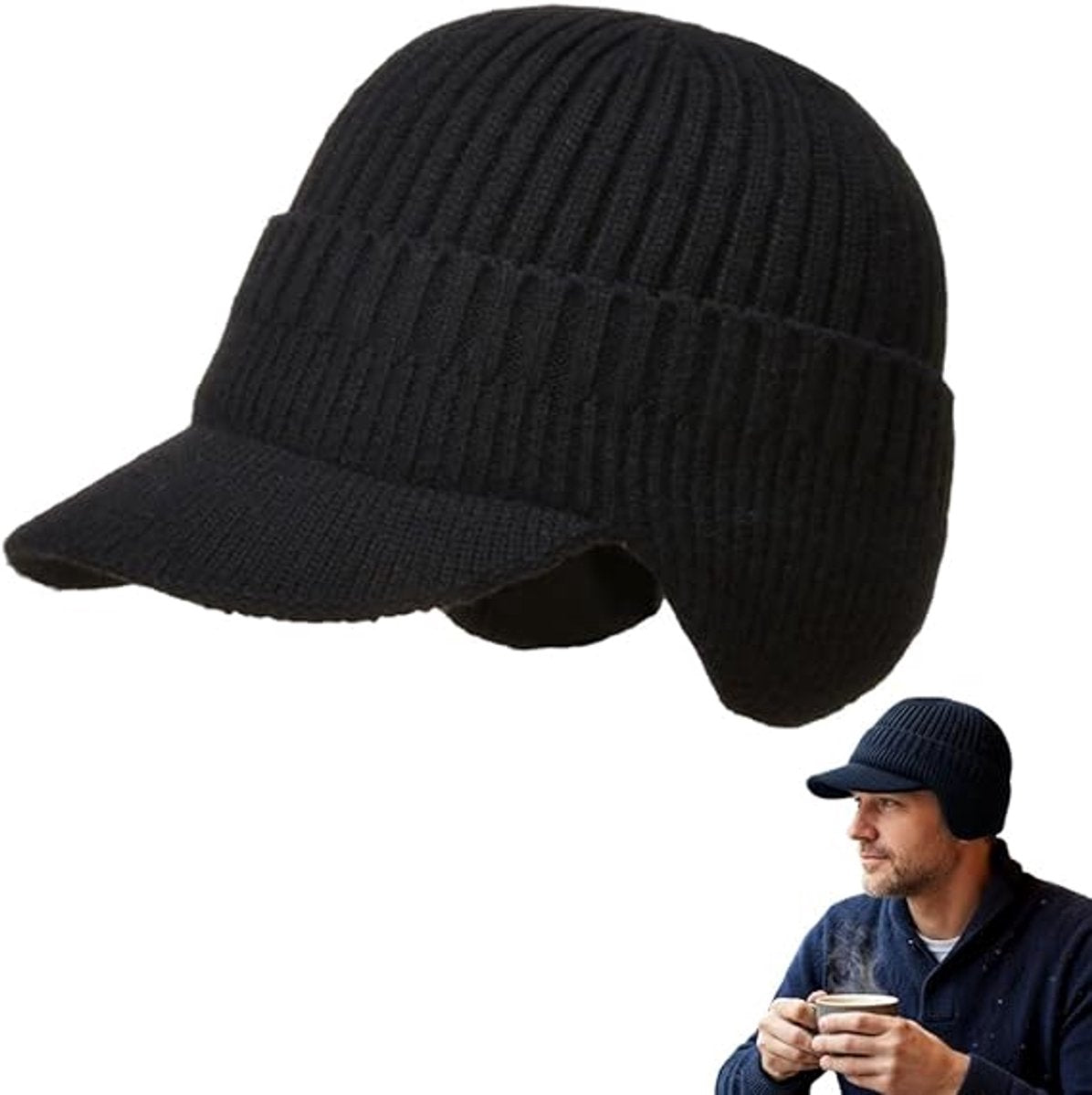 Hat - Knitted hat - Winter hat - Outdoor hat - Warm outdoor hat - with ear flaps and brim - warm knitted hat - windproof winter hat - warm ear protection - for men and women - for cycling, skiing and cold weather - black