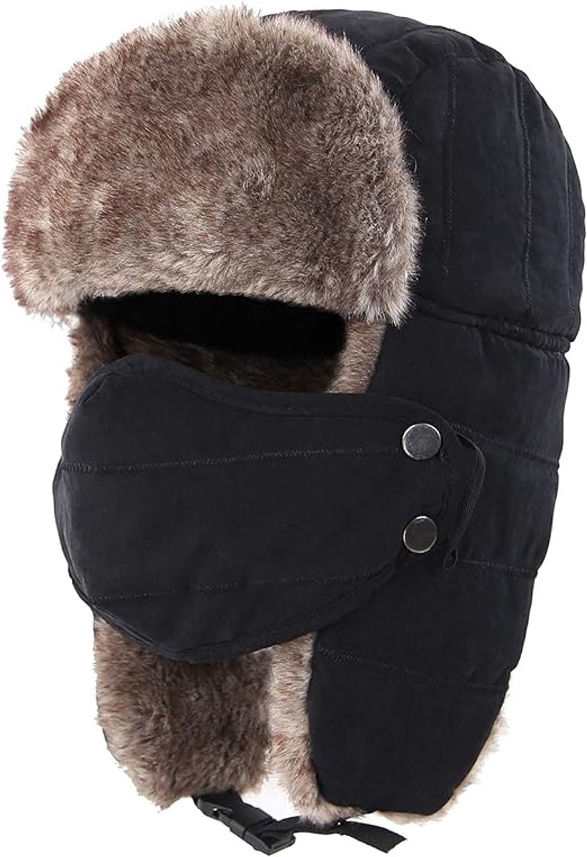 Beanie - men's beanie - Winter beanie - With Ear flaps and Face Mask - Winter Fur - Men's winter hat - Trapper hat - Black Ski Trooper - Snow Cap - Russian hat - Hunter's hat - Winter ear flap beanie - for cold weather - Black & Brown