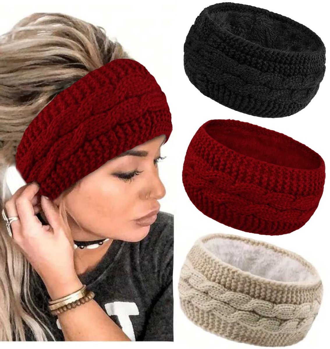 pieces - Headbands - Winter Headband for women - Ear warmers - Knitted Headbands - warm headbands - winter accessories - sports headband - cold weather headband - Christmas gifts - hair tie - hair accessories - black, red, khaki