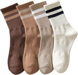 4 pairs - Socks - Cotton Socks - Autumn and winter socks - Comfortable and durable socks - striped socks for women - comfortable cotton leisure socks for women - cute socks - white, coffee, khaki, light brown