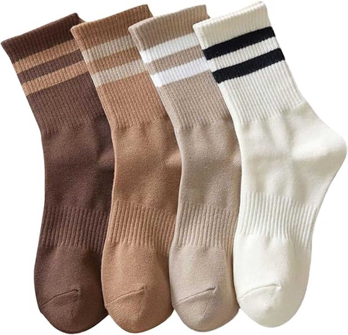 4 pairs - Socks - Cotton Socks - Autumn and winter socks - Comfortable and durable socks - striped socks for women - comfortable cotton leisure socks for women - cute socks - white, coffee, khaki, light brown