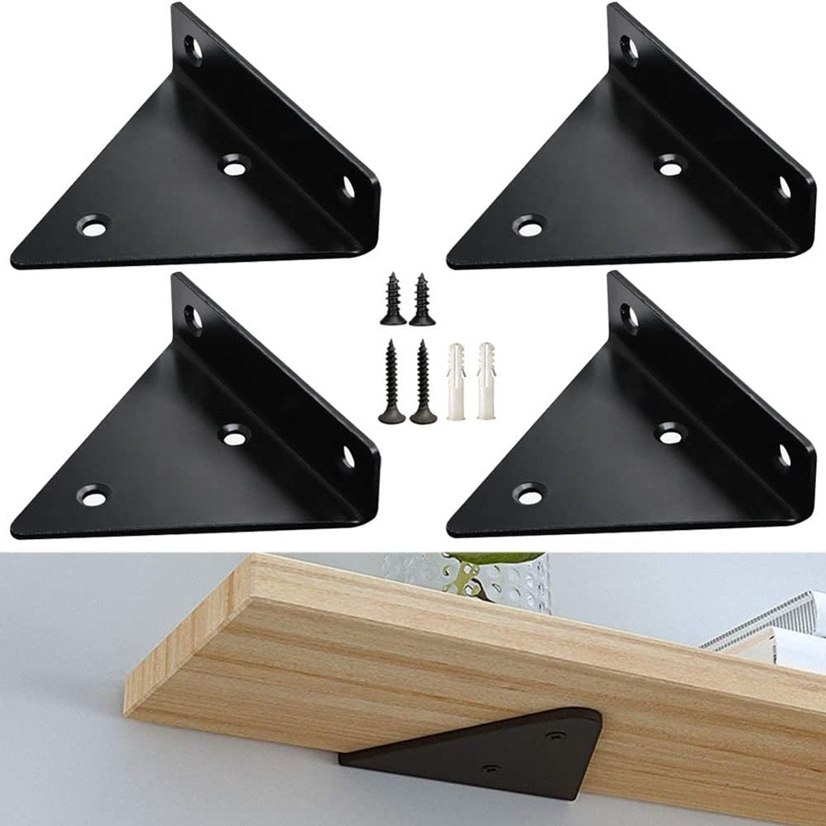 4 pieces - Shelf brackets - 10*8 cm - Wall-mounted floating bracket - Concealed shelf bracket - metal shelf brackets - triangular shelf bracket - with screws - invisible shelf bracket - for living room, bathroom and bedroom decor - black