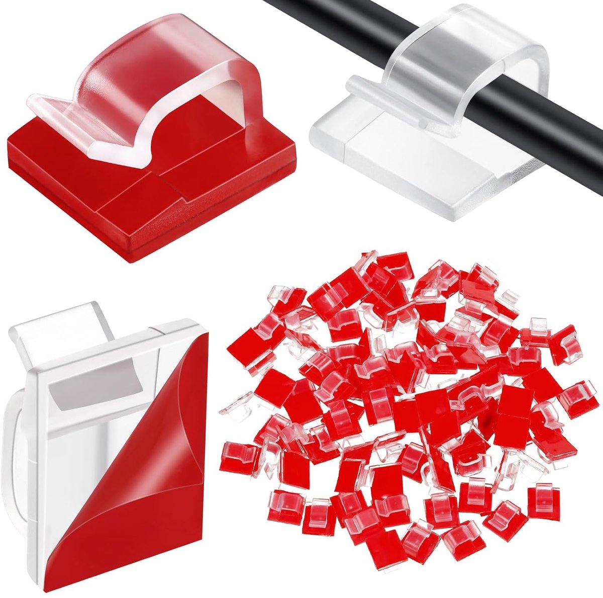 120 pieces - Cable clips - Cable holder - Cable clamp - Cord organizer - Outdoor lighting clips - transparent self-adhesive cable clips - for Christmas lights - with adhesive strips - patio decoration - for hanging wires and cable management - 14*14 mm